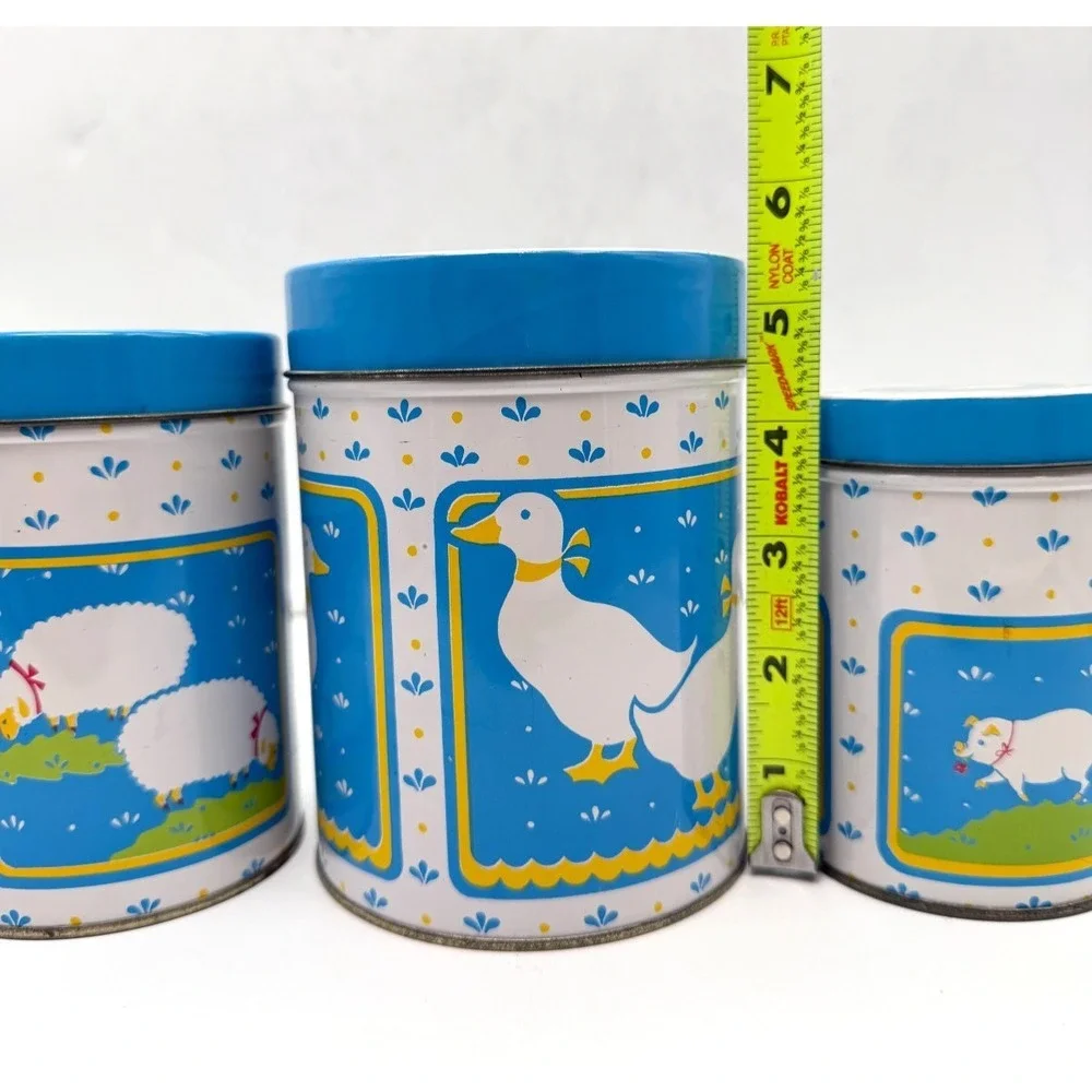 W.A. Vintage 1984 Country Farm Animals Nesting Tin Canister Set Blue 3 Piece